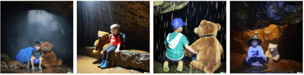 4 images photo réalistes représentants un ours brun et un petit garçon assis dans une grotte alors qu'il pleut à l'extérieur