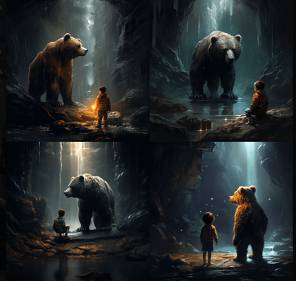 4 images représentants un ours brun et un petit garçon assis dans une grotte alors qu'il pleut à l'extérieur